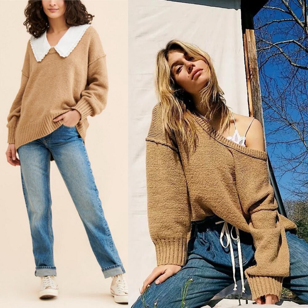 Free People Brookside Tunic Sweater Oversized Slouchy Fit Neutral Tan Small